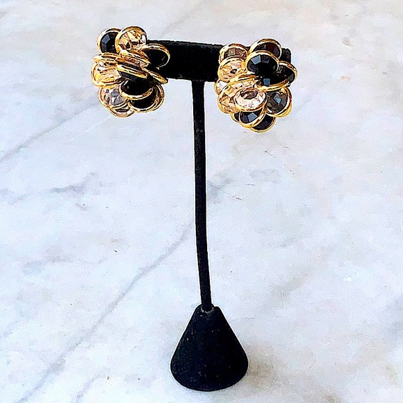 SWAROVSKI EARRINGS CLEAR & BLACK FACETED CRYSTAL GOLD MARKED SWAN CLIP VINTAGE - Picture 5 of 14